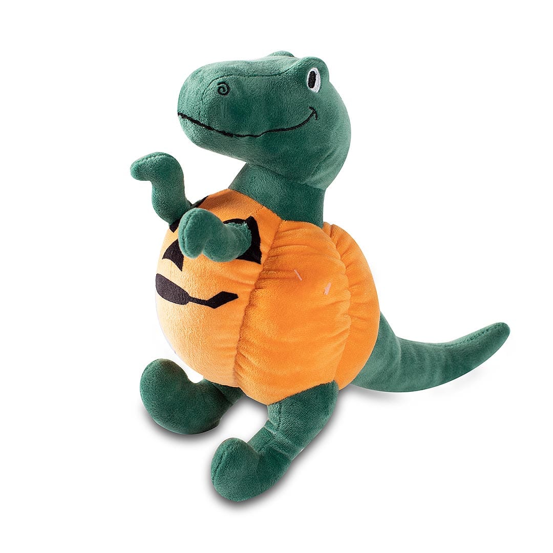 Rex de dinosaurus verkleed als griezelige pompoen! Rex houdt van knuffelen en spelen met je hond en al helemaal in schattige Halloween outfit! 